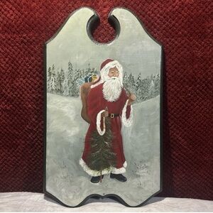 Christmas Winter, Hand Painted Santa Claus Carrying Tree And Toys On Wood Board.